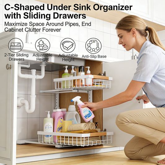 C-Shaped Under Sink Organizer with 2-Tier Sliding Drawers🚰