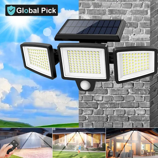 "Ultra-Bright 210 LED Solar Motion Sensor Light – 1000LM, 3 Adjustable Heads, Remote Control, IP44 Waterproof for Outdoor Security"
