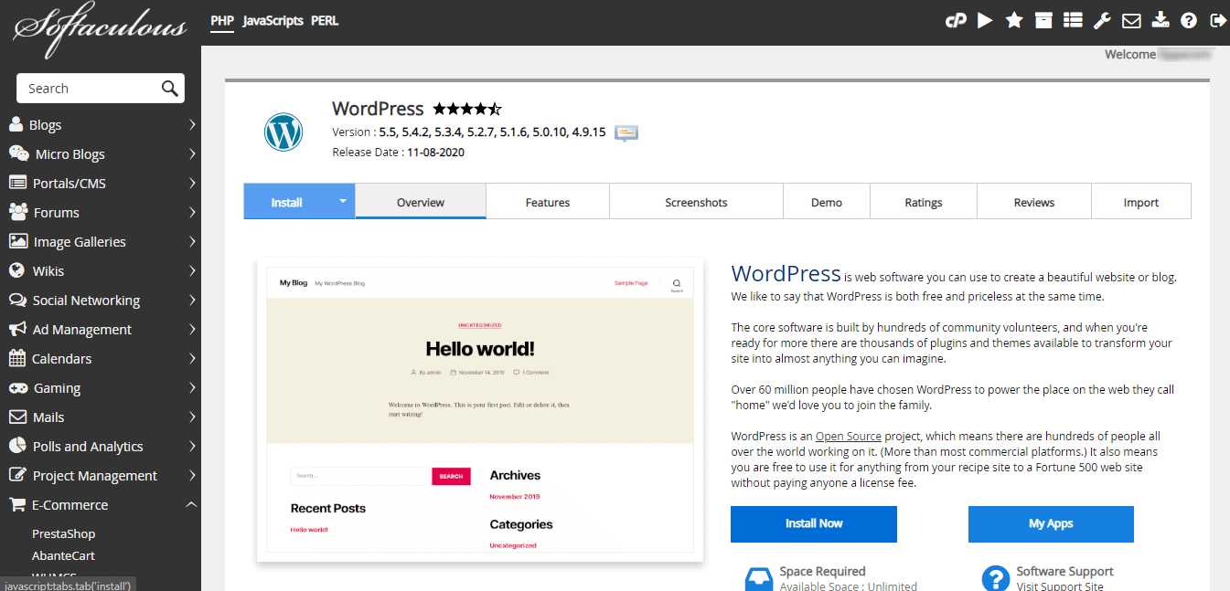 WordPress telepítő lap