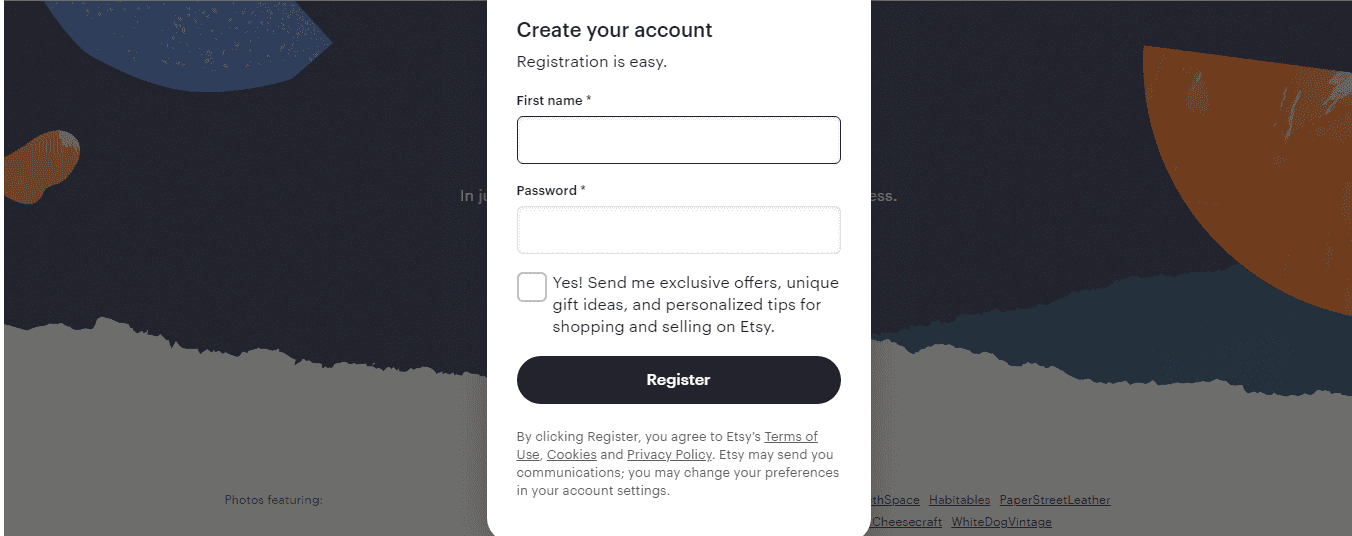 Etsy regisztrációs pop-up