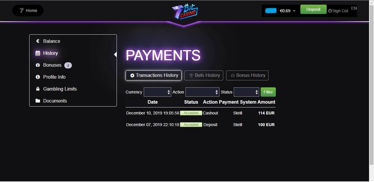 7Bit Casino proof of payment