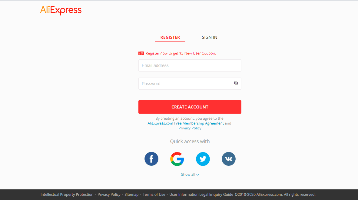 AliExpress sign-up page
