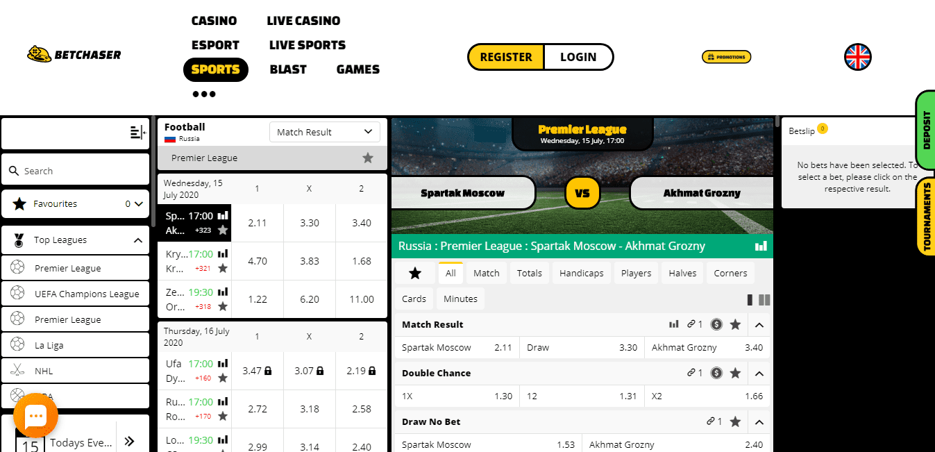 BetChaser Sports betting offer screen