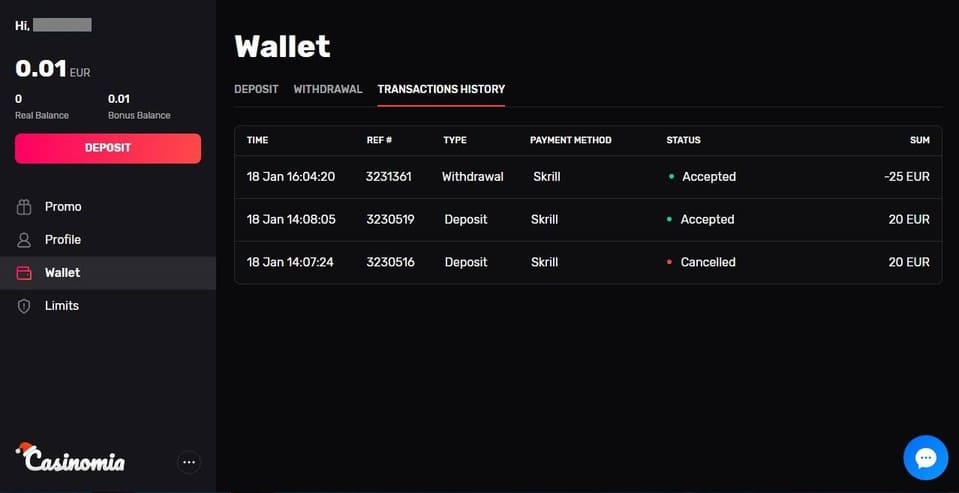 Casinomia Casino proof of payment