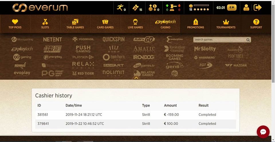 Everum Casino proof of payment