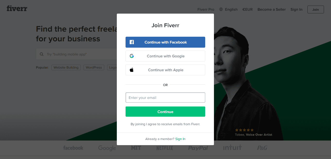 Fiverr Login page