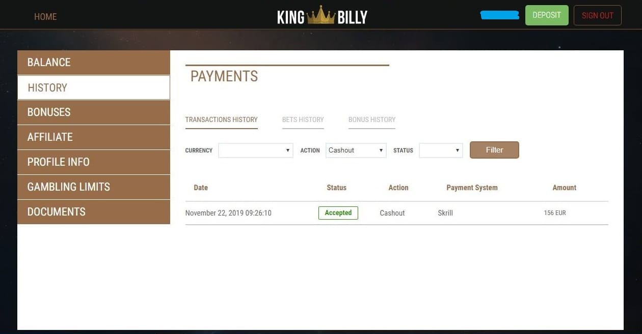 King Billy proof of payment
