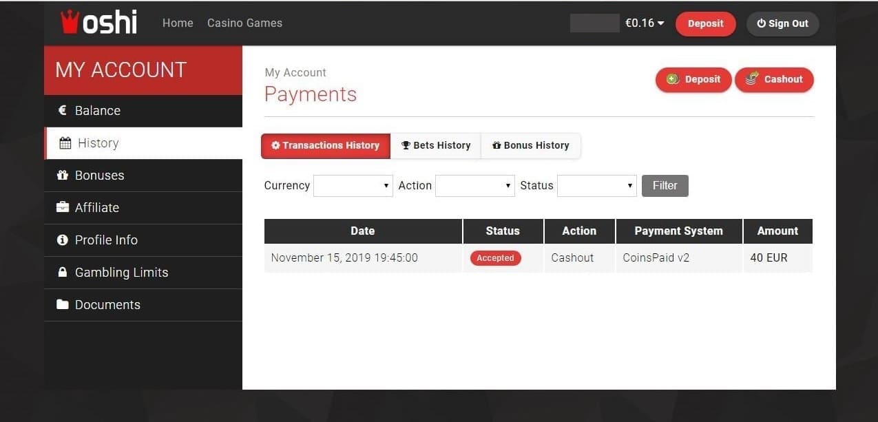 Oshi Casino Proof of payment