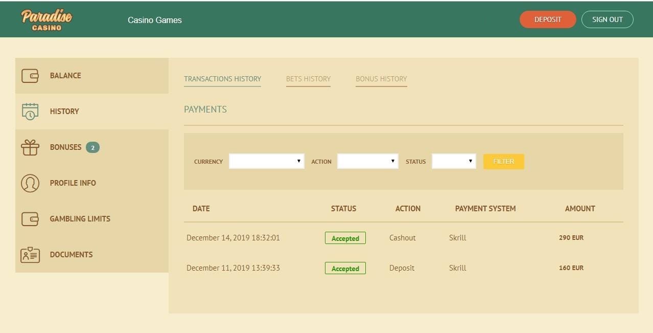 Paradise Casino proof of payment