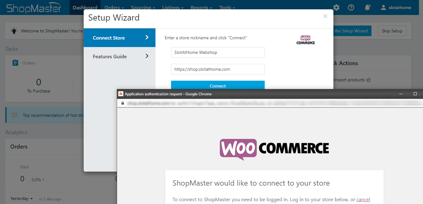 ShopMaster Setup Wizard connecting webshop